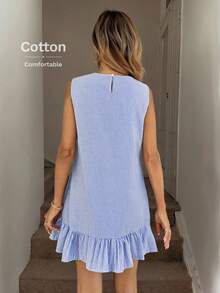 SHEIN LUNE 女式蓝白条纹荷叶边下摆无袖圆领迷你连衣裙 - 藍白色 - 查看 2