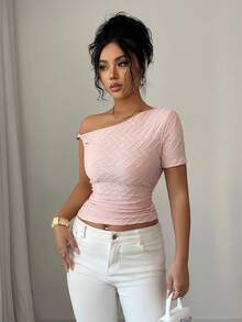 Elenzga Women's Elegant Beach Vacation Knit Asymmetrical Shoulder Top, Pink, Short Sleeve, Fitted, Metal Accent - Purple - View 5