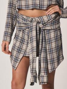 MISSGUIDED 格纹印花迷你裙，正面系带设计，不对称裙摆，适合秋冬季穿着 - 藍色 - 查看 6