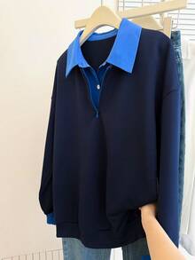 INAWLY Sudadera de 2 en 1 con cuello de contraste y hombros caídos - azul real - Ver 3