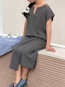 DAZY 2pcs/Set Young Girls V-Neck T-Shirt And A-Line Textured Skirt Casual Outfit, Fall - Dark Grey - View 6