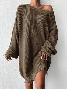 EURMUSE Drop Shoulder Ripped Distressed Oversized Sweater - Camel - View 5