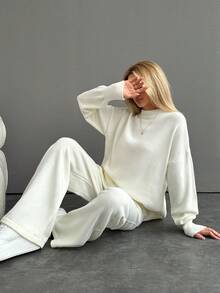 EURMUSE Ladies' Solid Color Round Neck Drop Shoulder Sweater And Pants Set - White - View 5