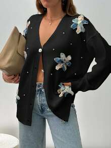 EURMUSE Woman Appliques And Rhinestones Detailed Button Front Cardigan - Black - View 5