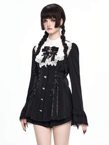 ROMWE Gothic Dark Peter Pan Collar Bow Tie Cross Pendant Fitted Shirt & Shorts 2 Pieces Set - Black - View 6