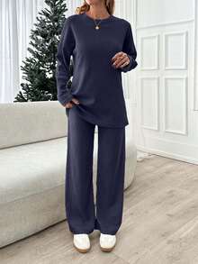 SHEIN Cottnline Women Beige Wide Leg And Top Two Pieces - Navy Blue - View 5