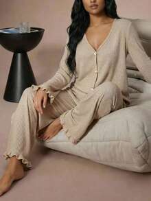 Lazeform Soft Rib Knit Frill Trim Front Button Decor Romantic Elegant Loungewear Pajama Set V Neck Lounge Wear Knit Pajama Set Long Sleeve Lounge Set - Apricot - View 1