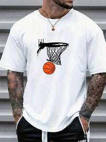 Versatile Baggy Short Sleeve T-Shirt With Fun Basketball Print, Ideal For Vacation, Work And Use - White 2 - View 1
