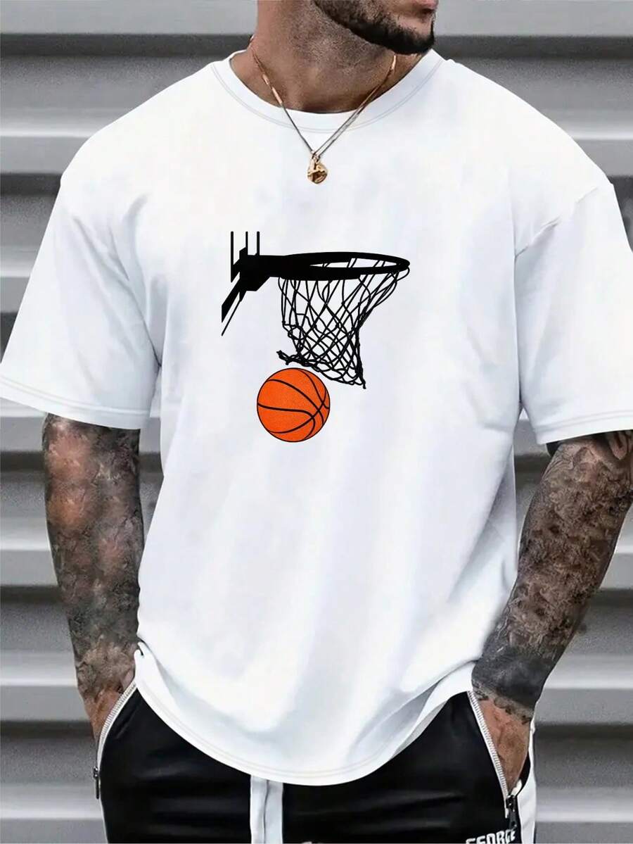 Versatile Baggy Short Sleeve T-Shirt With Fun Basketball Print, Ideal For Vacation, Work And Use - White 2 - View 1