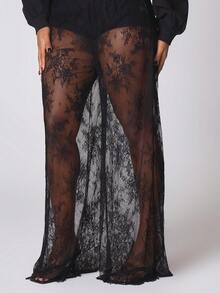 MUSERA Lace Fitted Flare Trousers Winter NewYear Cute Sexy Going Out Evening Party Accented - Black - View 3