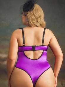 Spicy Aura Plus Size Women Contrast Lace Sexy Lingerie Bodysuit - Purple - View 2