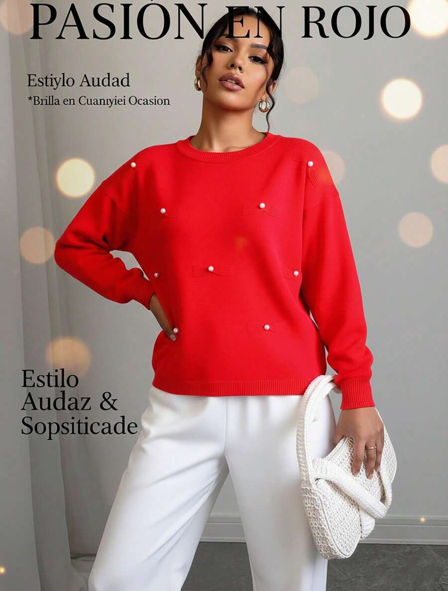 Suéter de punto para mujer con perlas y moños decorativos, manga larga y cuello redondo, tejido suave y ligero con viscosa, ideal para oficina y uso diario, disponible en varios colores y tallas S/M , L/XL - ROJO - Ver 1