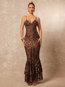 Lumalex Đầm trễ vai, dây mảnh, họa tiết da báo ombre, chất liệu hơi xuyên thấu, có thể điều chỉnh độ dài, thích hợp mặc đi biển. - Nhiều màu - Xem 9