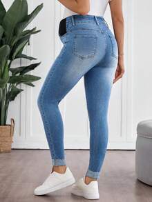 SHEIN Maternity Fashion Casual Washed Slant Pocket Skinny Jeans - Light Wash - View 2