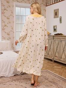 FloralLove 浪漫花卉印花彼得潘领荷叶边下摆宽松长款睡裙，适合女性，情人节适用 - 黃色 - 查看 3