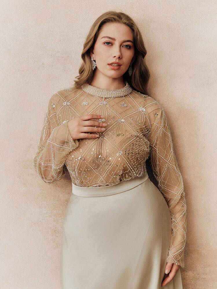 Plus Size Women's Luxury High-End Beaded Long Sleeve Blouse, Suitable For Formal Events