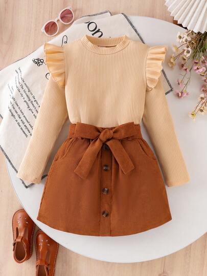 SHEIN Elladie kids 少女休闲罗纹针织荷叶边长袖T恤搭配灯芯绒系带短裙套装，春秋季