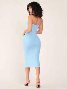 SHEIN BASICS Women'S Strapless Slim Fit Bodycon Casual Dinner Dress - Blue - View 2