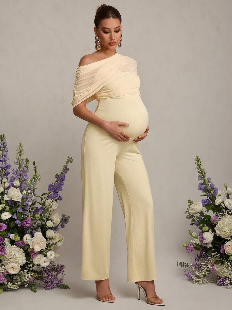 MaterniChic Pregnant Women's Elegant Contrast Mesh Ruffle Jumpsuit, Summer - White - View 1