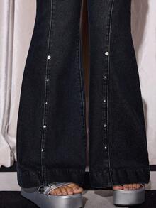 Y2Kool BiGraphic 女士复古时尚修身喇叭裤低腰牛仔裤Y2K纽扣牛仔裤街头朋克牛仔裤春季女士生日嘉年华 - 深色水洗藍 - 查看 5