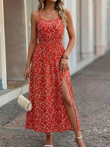 Vestido elegante y casual para mujer, diseño largo, cuello de tirantes ajustable, tela de poliéster y elastano, abertura en la pierna. Interior fresco y cómodo, ideal para temporadas de verano y primavera. En algunos colores, el tono y estampado pueden variar. - Rojo - Ver 1