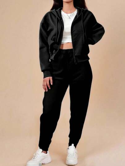 Set de 2 piezas de mujer con sudadera con capucha y pantalones de chándal de unicolor, para otoño/invierno