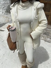 SHEIN EZwear Áo khoác trùm đầu màu mơ cho nữ mùa đông - Màu be - Xem 7