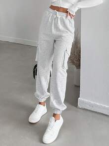 EURMUSE Women'S Solid Color Drawstring-Waist Cargo Sweatpants - Light Grey - View 4