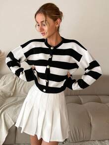 EURMUSE Striped Pattern Drop Shoulder Cardigan - Beige - View 3