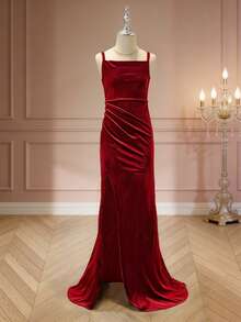 青少年女孩优雅简约时尚垂坠领口无袖收腰开衩设计长款纯色天鹅绒超长连衣裙，酒红色，适合圣诞派对、毕业典礼、舞会、婚礼宾客 - 酒紅色 - 查看 8