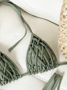 Swim Vcay 2pcs Solid Color Shiny Criss-Cross Strap Decor Triangle Bikini Top And High Cut Bottoms Sexy Swimsuit Set, Spring/Summer Brazilian Bikini Set Boho Bikini Set Triangle Bikini Set Sexy Bikini Set String Bikini Set - Army Green - View 4