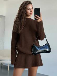 Aloruh Women's Stand Collar Raglan Sleeve Loose Pullover Sweater And Mini A-Line Skirt 2-Piece Set, Vintage Style Knit Outfit For Daily Wear - Coffee Brown - View 6