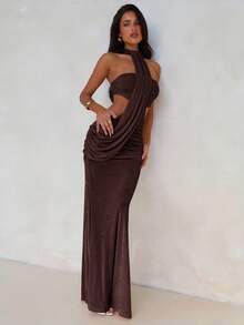 Aloruh Women's Asymmetric Wrap Dress With Flowy Ties, Bodycon Mermaid Hem, Suitable For Spring/Summer Vacation - Chocolate Brown - View 4