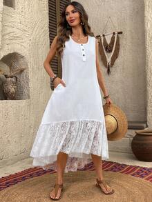 EMERY ROSE Abito midi senza maniche con minimalista in tinta unita e inserti in pizzo - Bianco - Visualizzare 6