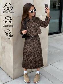 SHEIN 少女休闲豹纹纽扣牛仔外套和牛仔裙套装，秋季 - 棕色 - 查看 1