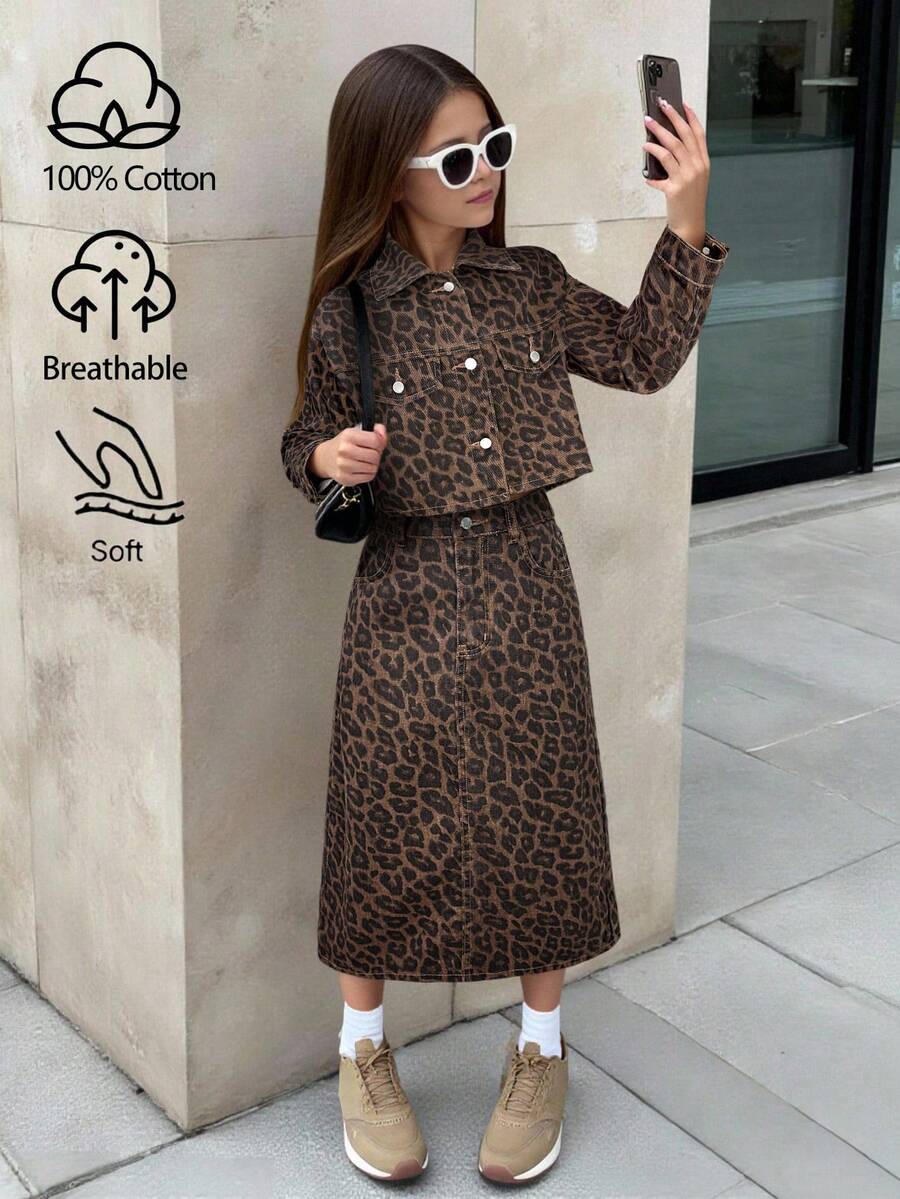 SHEIN 少女休闲豹纹纽扣牛仔外套和牛仔裙套装，秋季 - 棕色 - 查看 1
