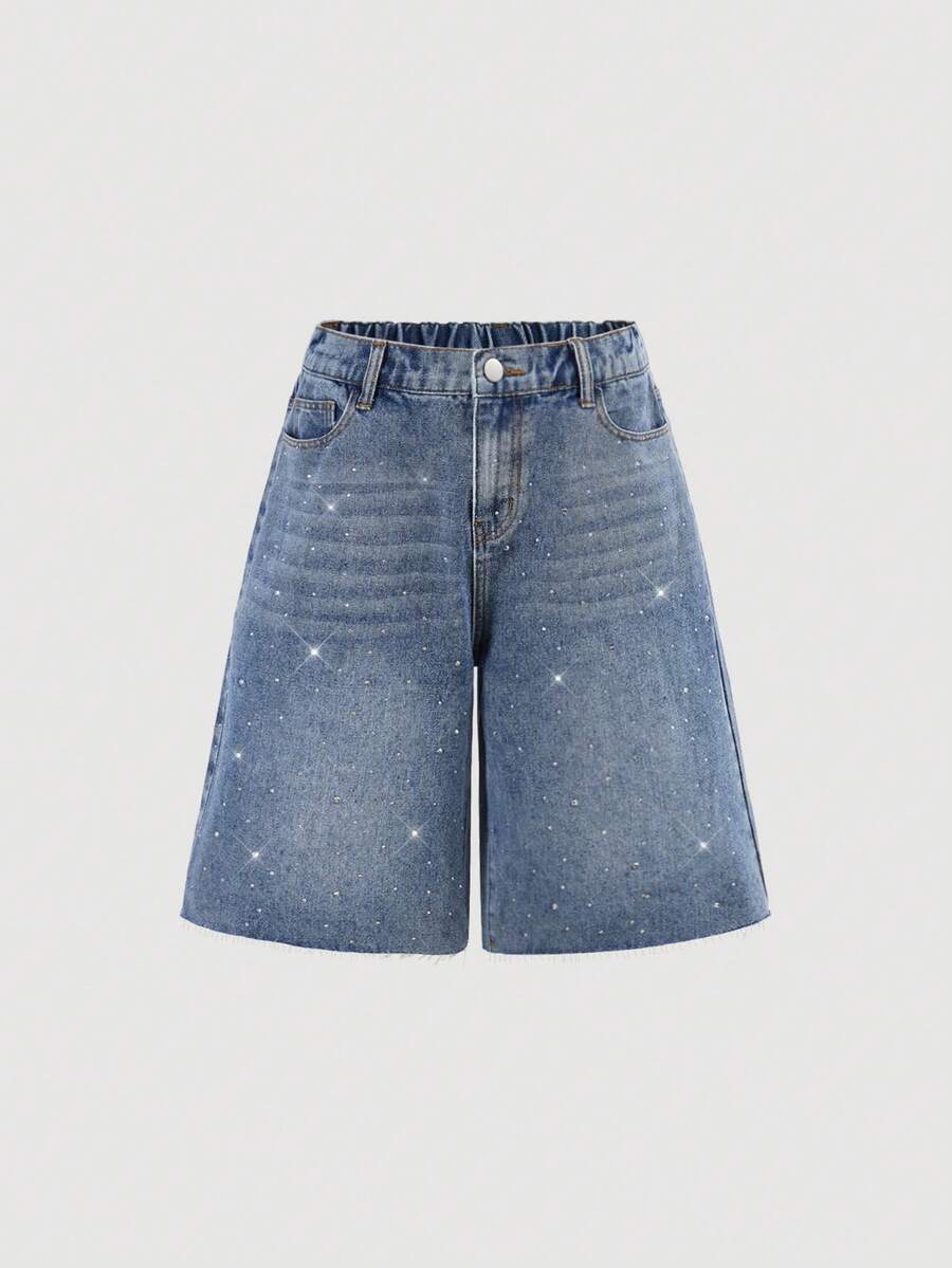少女新款Y2K复古水洗牛仔短裤,简约设计,饰以水钻,做旧裤脚,弹性腰带可调节松紧,适合休闲、街头风和日常穿着。 - 中等水洗藍 - 查看 1