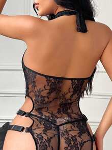 2pcs Set Sexy Lace Halter Backless Hollow Out Design Lingerie With Thong Panty - Black - View 2