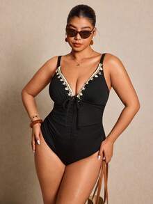 Elaquor Áo tắm liền thân gợi cảm dành cho nữ cỡ lớn, viền vỏ sò và sao biển, kiểu áo hai dây, thích hợp cho kỳ nghỉ. - màu đen - Xem 6