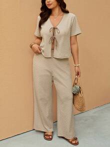 Elaquor 大码条纹系带上衣和裤子两件套休闲度假套装 - 杏色 - 查看 5