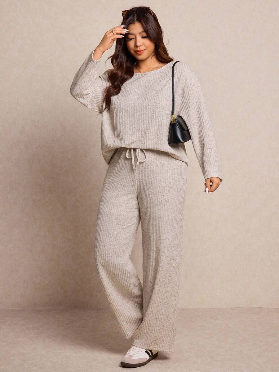 Elaquor Plus Size Women Solid Color Round Neck Long Sleeve T-Shirt And Pants Casual 2-Piece Set For Spring, Spring Outfits For Women - Khaki - View 1