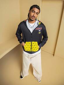 SHEIN Felix The Cat Men's Colorblock Letter & Cartoon Graphic Zip-Up Hoodie - Black - View 7