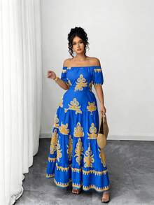 Elenzga Đầm cỡ lớn in họa tiết, thanh lịch, buộc dây, trễ vai, thắt eo. - Xanh đậm - Xem 4