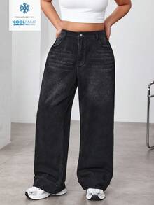 SHEIN ICON 大码休闲水洗高腰直筒牛仔裤 - 黑色 - 查看 5