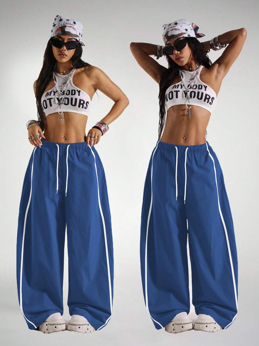 StreetHx 女士撞色弹力腰抽绳休闲宽松运动筒裤 - 寶藍色 - 查看 1