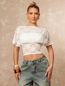 Lumalex 女士浪漫花卉蕾丝不对称短袖露脐时尚上衣，适合派对、秋冬时尚、优雅休闲、秋季时尚、周末、魅力四射、春秋季工作装、婚礼、节日、假期、生日、情人节、海滩度假等场合。 - 白色 - 查看 5