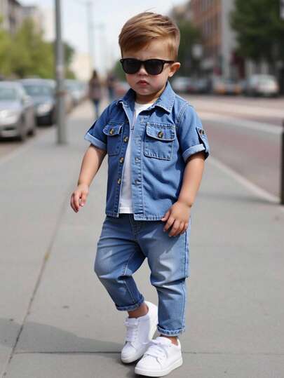 2 piezas Conjunto de jeans casuales de niño, ajuste recto y suelto de color azul medio, adecuado para uso diario, escuela y transporte, primavera y otoño