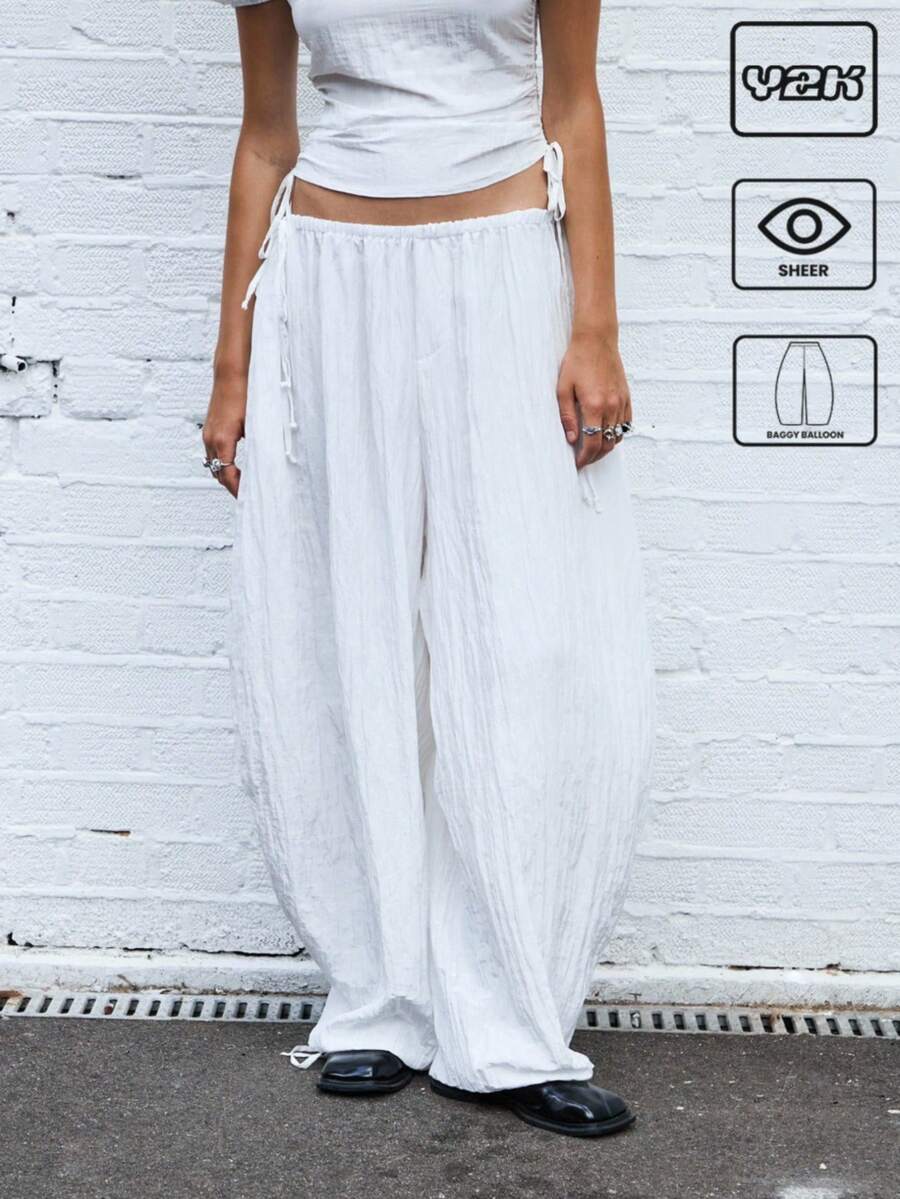 COUREZ Low Rise Baggy Balloon Parachute Trousers In Semi Sheer Silky Fabric /Y2K Going Out Spring Wide Leg Pants - White - View 1