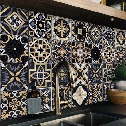 16pcs Floral Pattern Faux Ceramic Tile Wall Stickers, 2D Flat Luxurious Retro PVC Self-Adhesive Removable Wallpaper, Suitable For Home, Kitchen, Room, Wall Decor