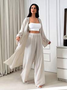 EURMUSE 三件套亚麻套装，飘逸和服式罩衫，阔腿裤，露脐上衣，柔软透气面料，优雅度假风，舒适时尚，轻松打造夏日造型 - 米色 - 查看 5